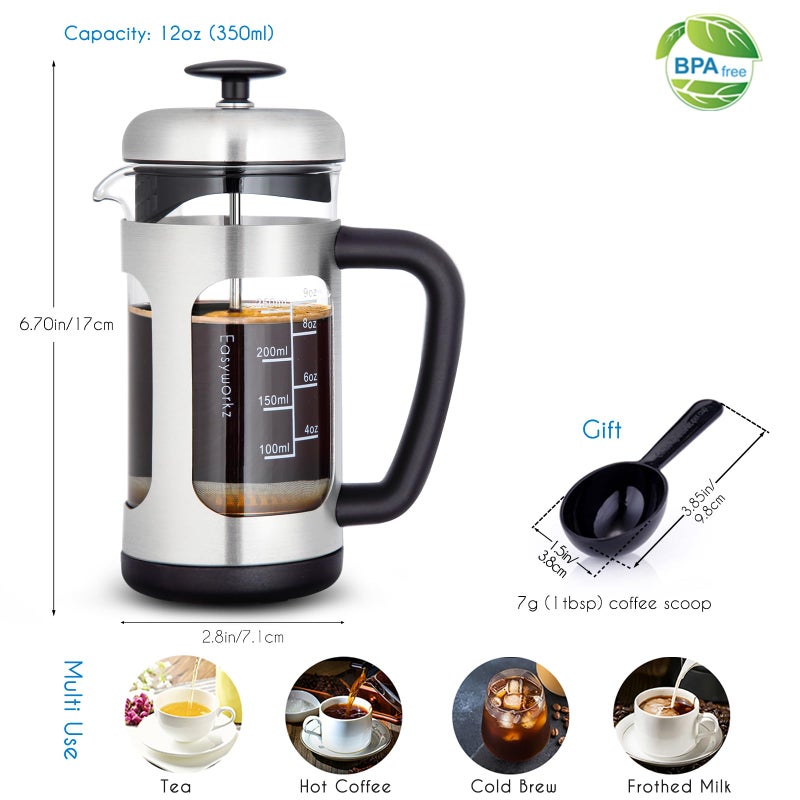 Easyworkz Stainless Steel French Press 12 oz Coffee Tea Maker with Soft Grip Handle - Image 2